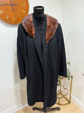 Vintage 100% Cashmere Coat w/ Genuine Mink Collar Black Open Front